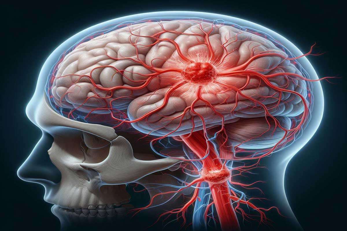 نمای نزدیک از مغز انسان که لخته خون در آن نشان داده می شود