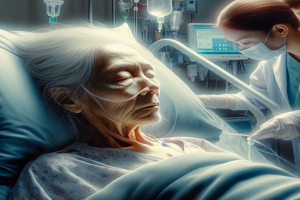 بیمار روی تخت بیمارستان و تحت مراقبتهای ویژه قرار دارد